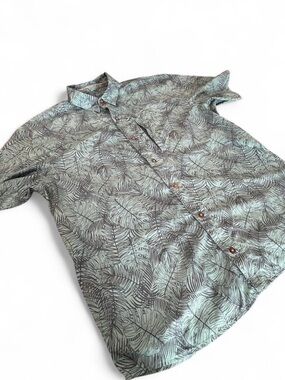Bass Pro Shops Mint Green Tropical Leaf-Print Short Sleeve Button-Down Shirt